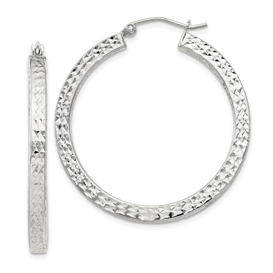 Sterling Silver D/C 3x35mm Square Tube Hoop Earrings