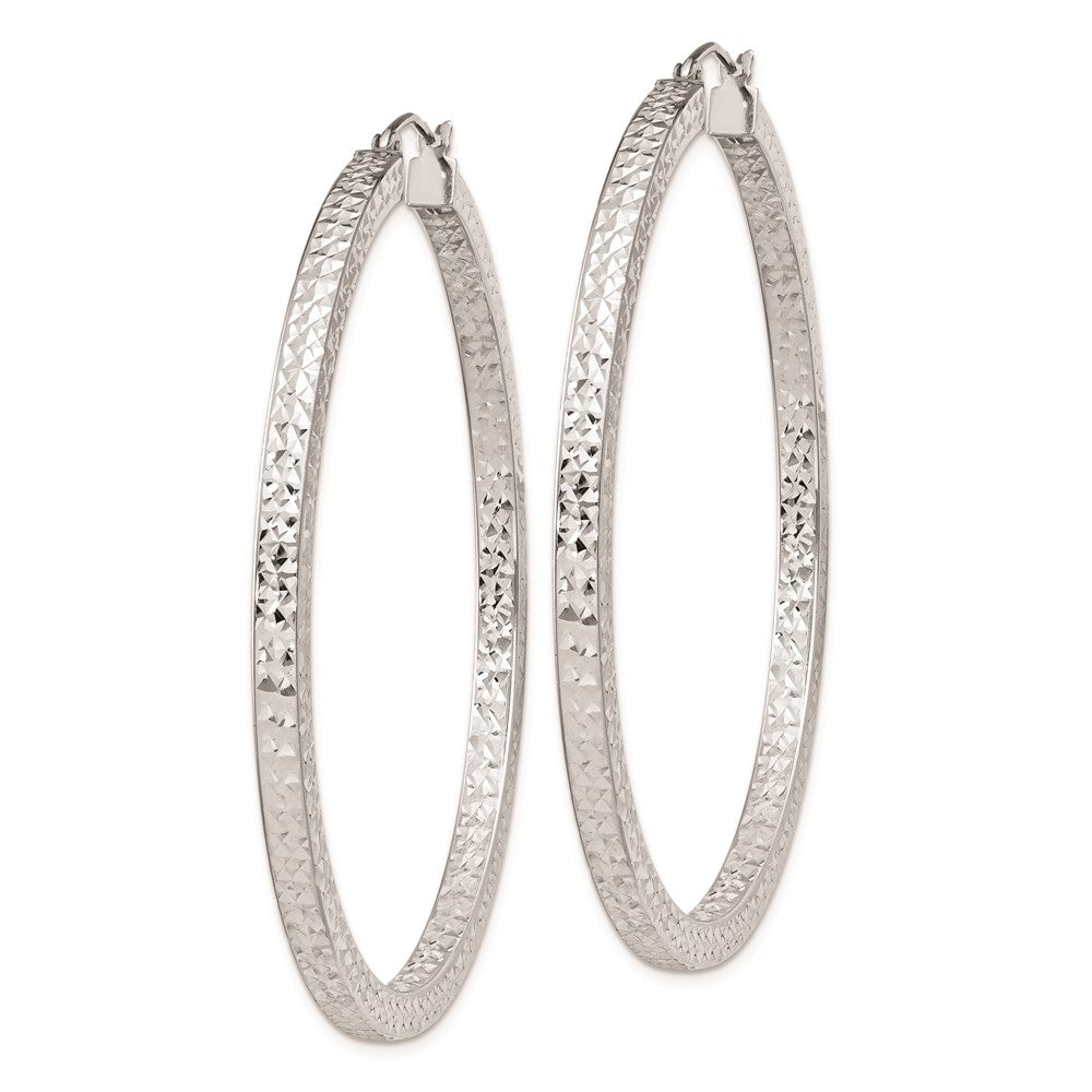 Sterling Silver Rhodium-plated Diamond-cut 3x55mm Square Tube Hoop Earrings
