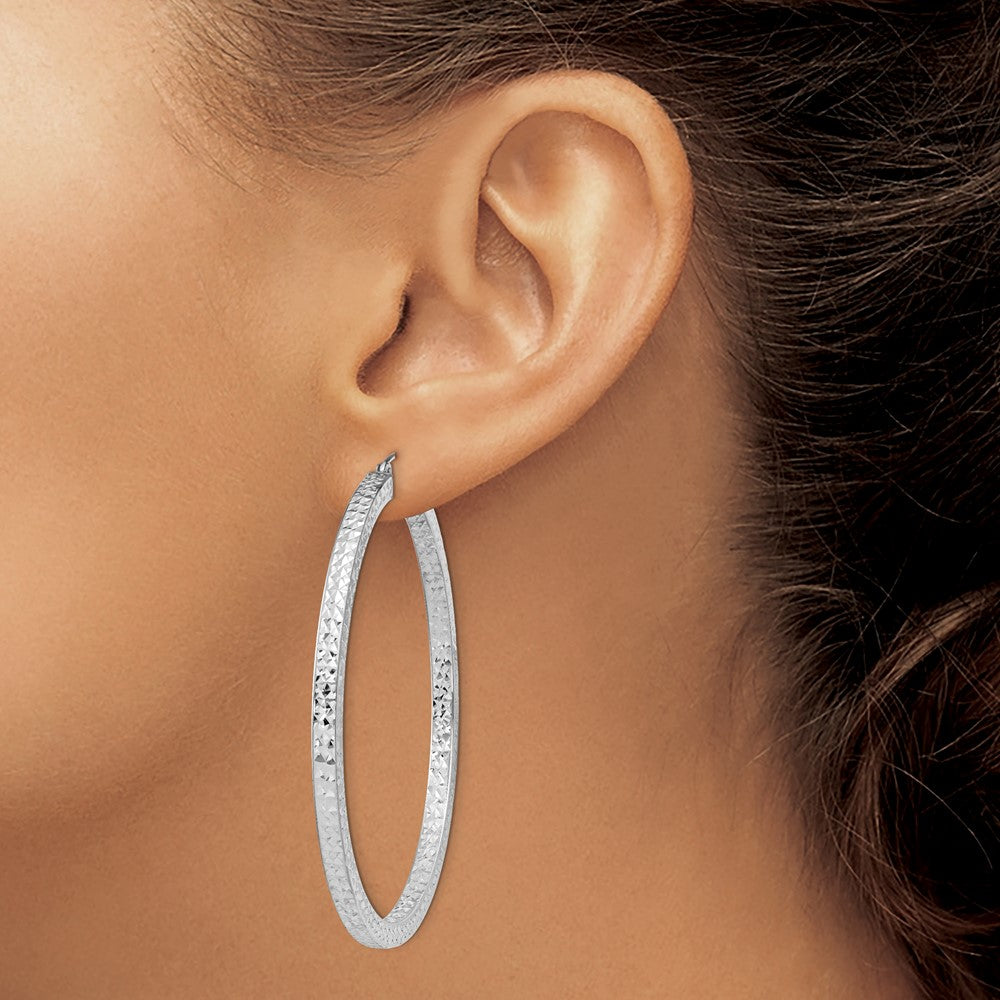 Sterling Silver Rhodium-plated Diamond-cut 3x55mm Square Tube Hoop Earrings