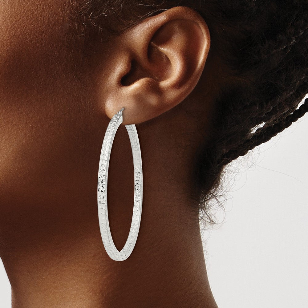 Sterling Silver D/C 3x55mm Square Tube Hoop Earrings