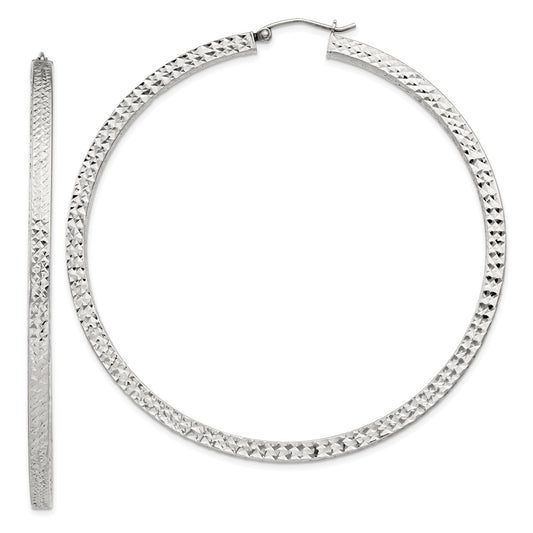 Sterling Silver D/C 3x65mm Square Tube Hoop Earrings
