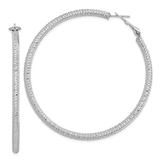 Sterling Silver Rhod-plated 3.25x60mm Omega Back Hoop Earrings