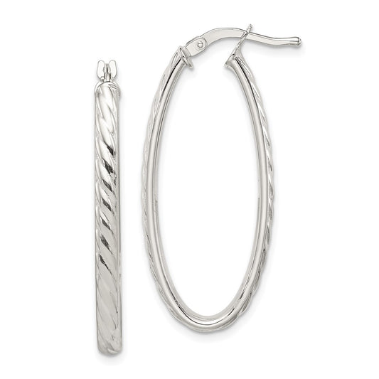 Sterling Silver Rhod-plated Textured 3mm Hollow Oval Hoop Earrings