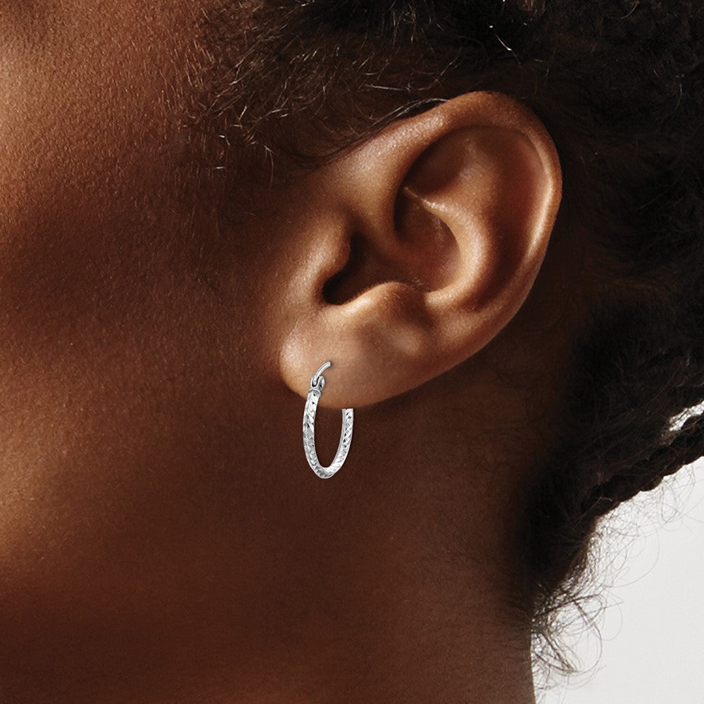 Sterling Silver Rhodium Plated Diamond Cut Hoop Earrings