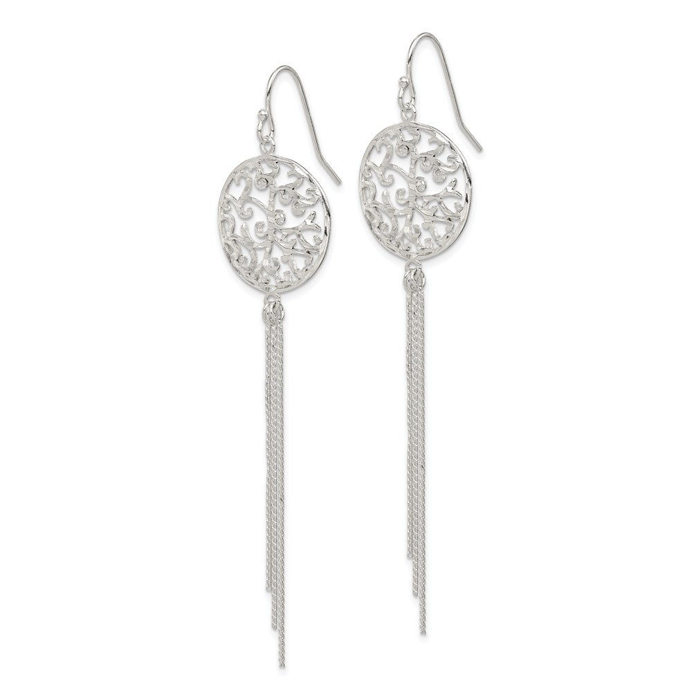 Sterling Silver Polished & Diamond-cut Filigree Circle & Chain Dangle Earri