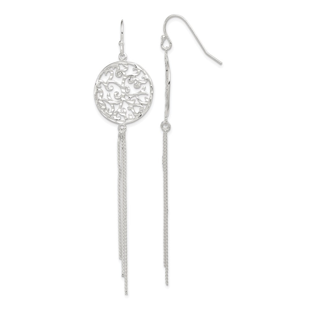 Sterling Silver Polished & Diamond-cut Filigree Circle & Chain Dangle Earri