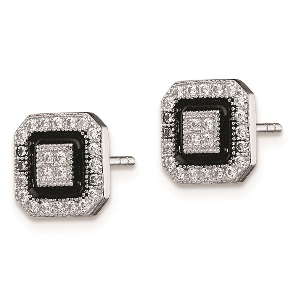 Sterling Silver RH-plated Black Enamel & Pav‚ CZ Square Halo Post Earrings