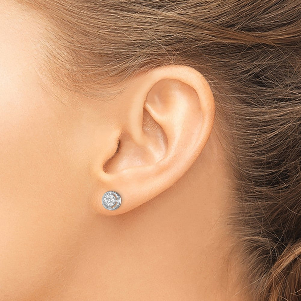 Sterling Silver Rhodium-plated Polished & Textured CZ Round Post Earrings