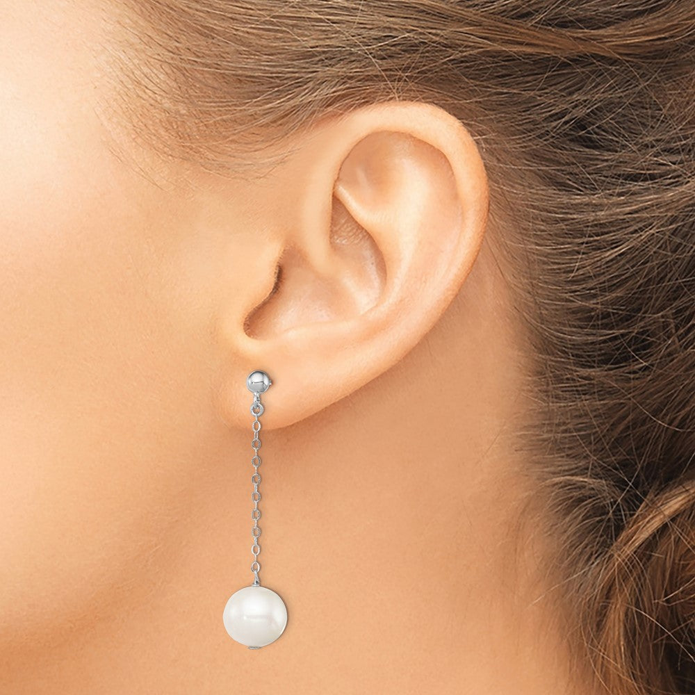 Sterling Silver Rhodium-plated 10-11mm White Round Freshwater Cultured Pearl Dangle Post Earrings