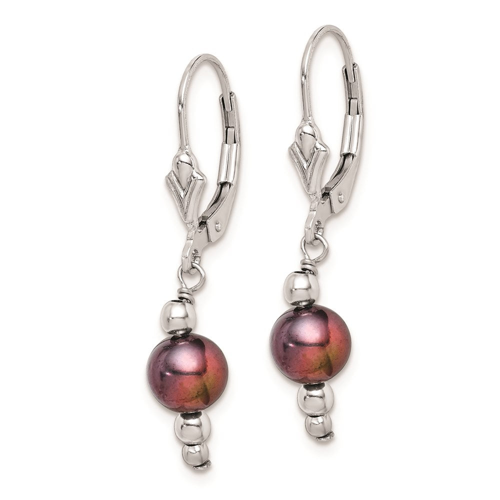 Sterling Silver Rhodium-plated Polished 6-7mm Black Freshwater Cultured Pearl Leverback Dangle Earrings