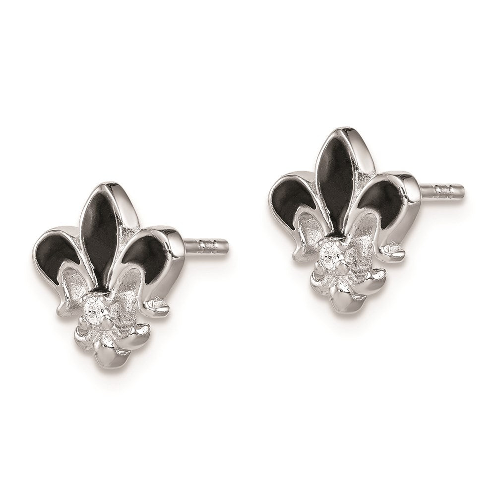 Sterling Silver Rhodium-plated CZ & Enamel Fleur de Lis Post Earrings