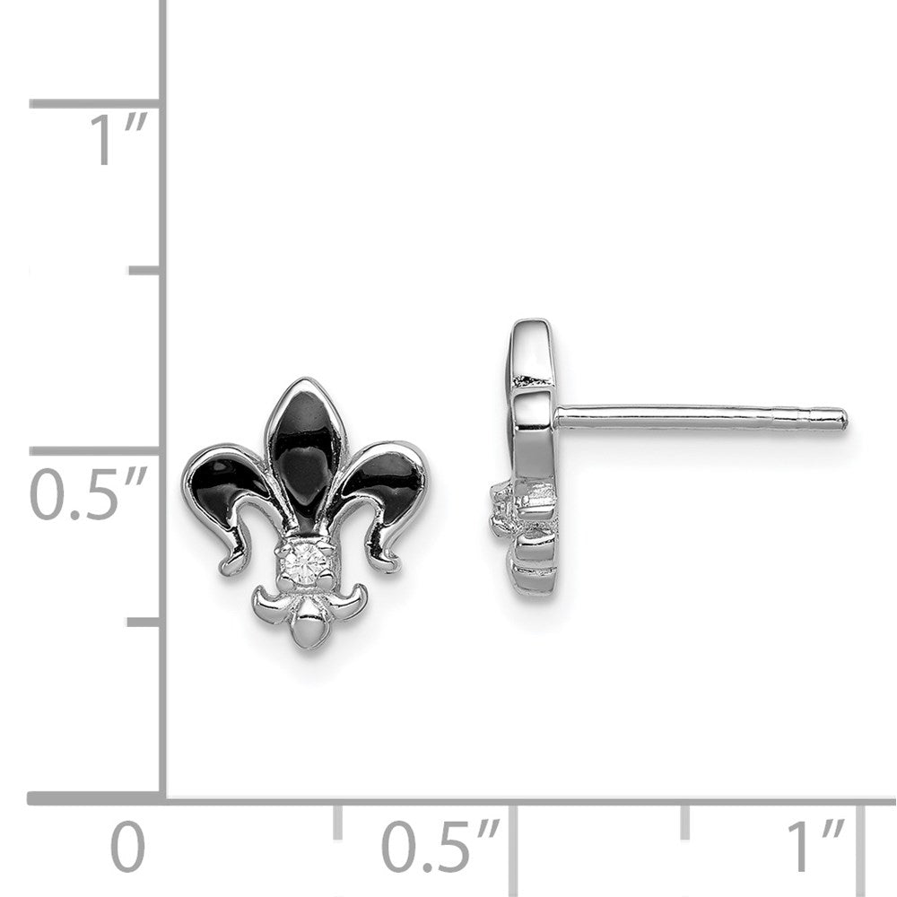 Sterling Silver Rhodium-plated CZ & Enamel Fleur de Lis Post Earrings