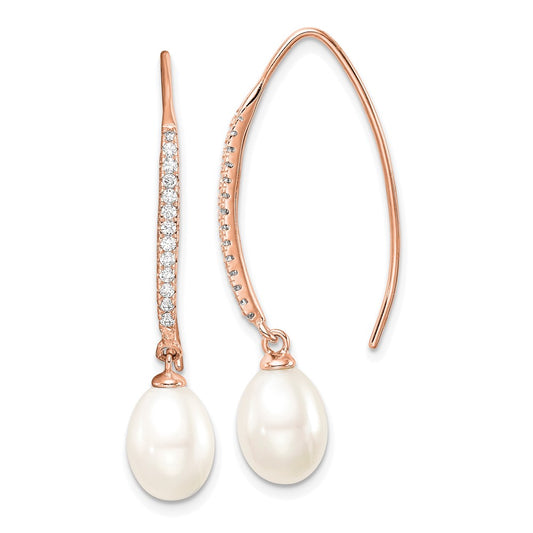 Sterling Silver Rose-tone 7-8mm White Teardrop Freshwater Cultured Pearl and CZ Threader Earrings