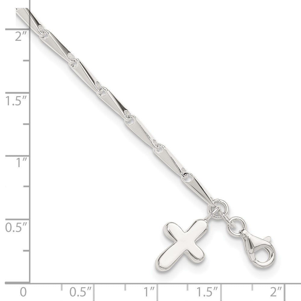 Sterling Silver 10 in Solid Polished Cross on Fancy Link Anklet