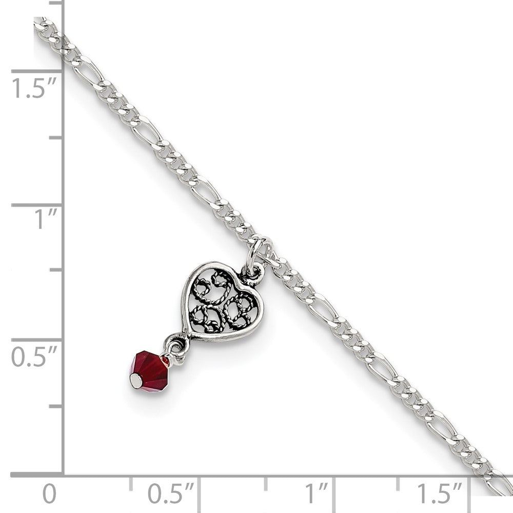 Sterling Silver Dark Pink Crystal Dangling Antiqued Heart 10 inch Anklet