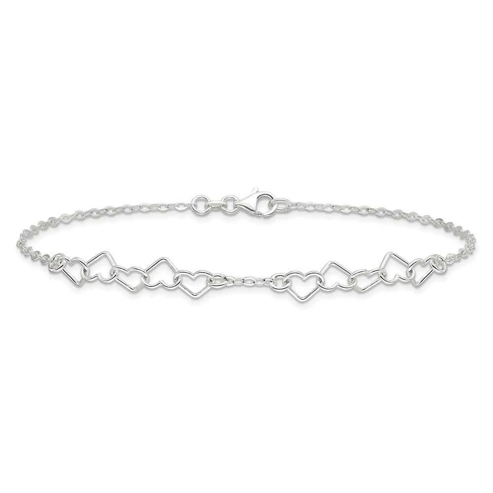 Sterling Silver 10inch Polished Fancy Heart Link Anklet
