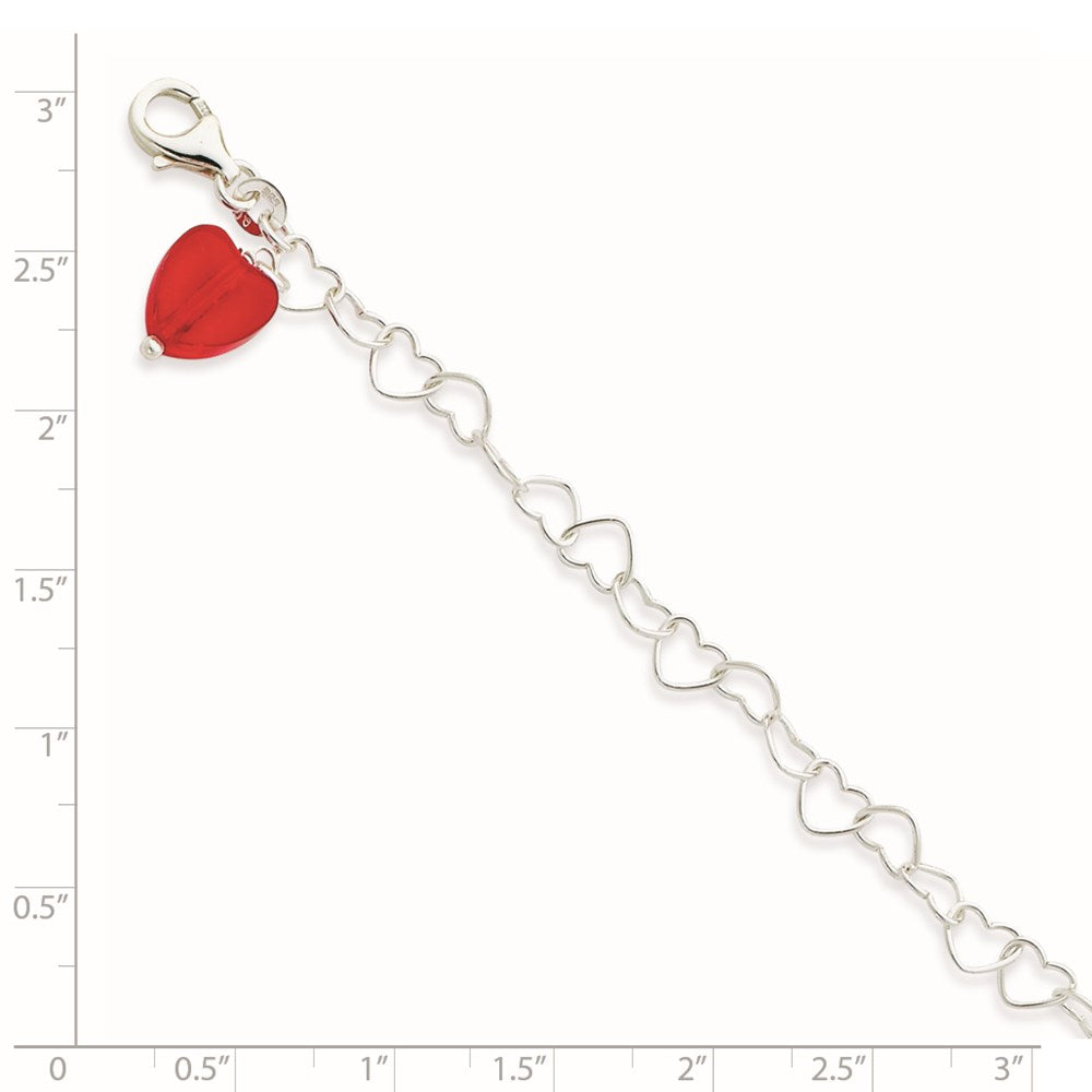 Sterling Silver Link Orange Synthetic Crystal Stone Heart Anklet