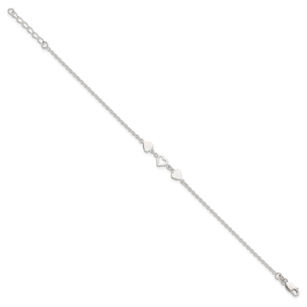Sterling Silver 9 inch Plus 1in ext.Heart Link Anklet