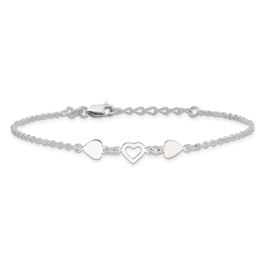 Sterling Silver 9 inch Plus 1in ext.Heart Link Anklet