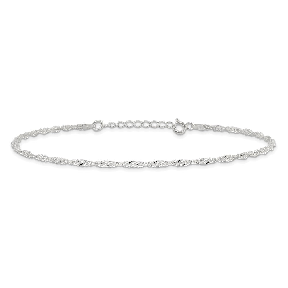 Sterling Silver 2mm Singapore 10in Plus 1in ext. Chain Anklet