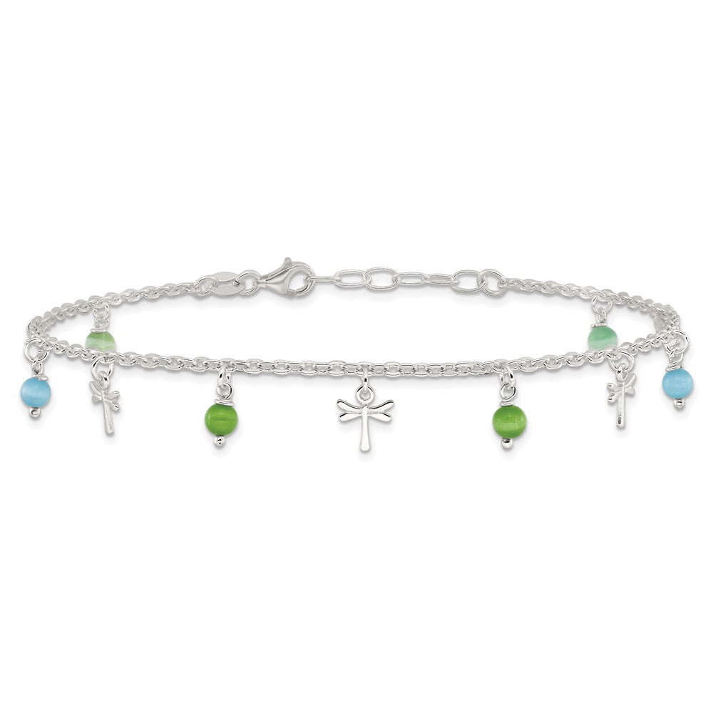 Sterling Silver Dragonfly with Aqua and Green Beads with 1in ext. Anklet