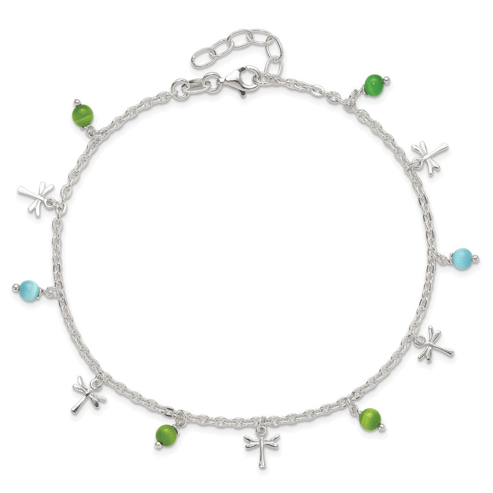 Sterling Silver Dragonfly with Aqua and Green Beads with 1in ext. Anklet