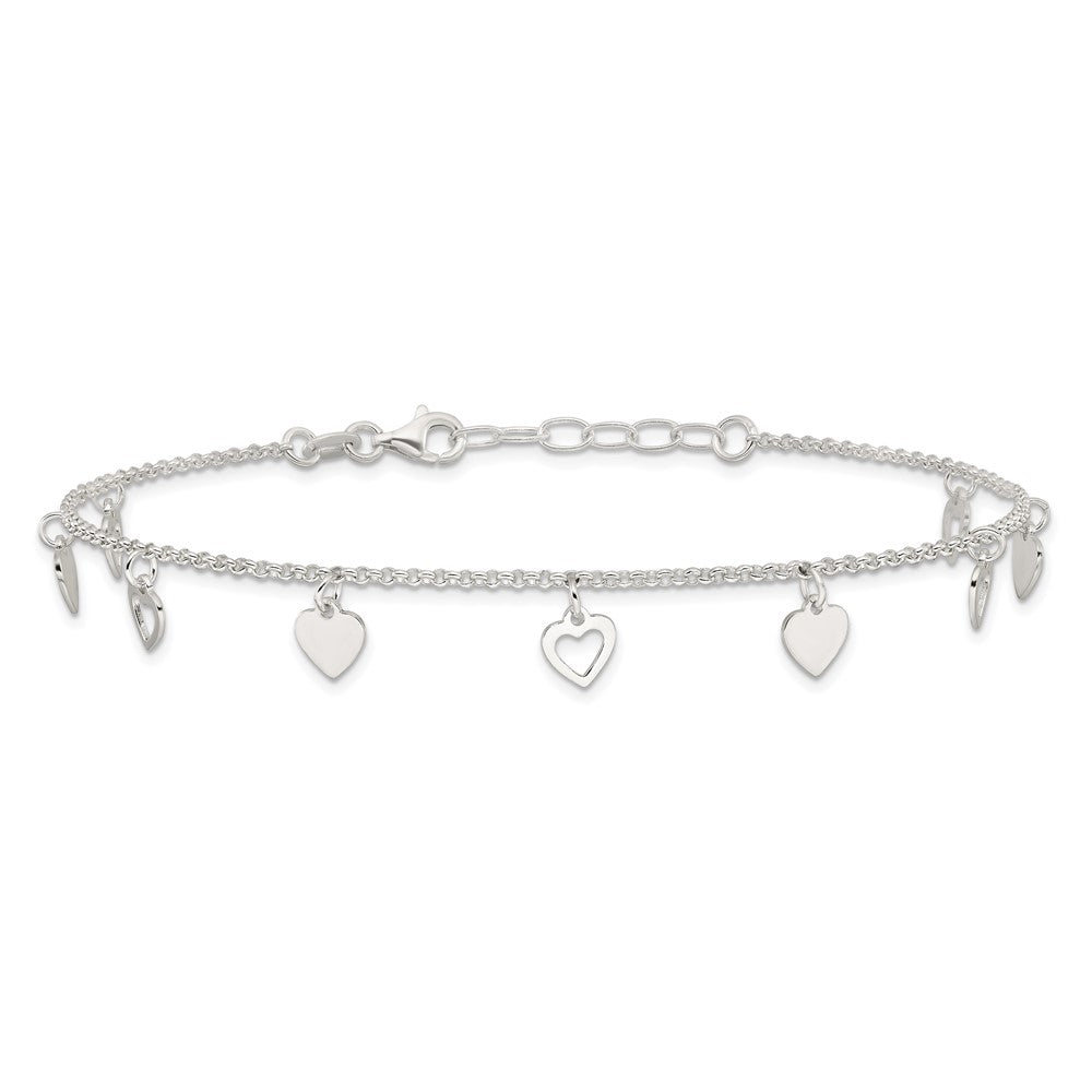 Sterling Silver Polished Hearts 10in Plus 1in ext. Anklet