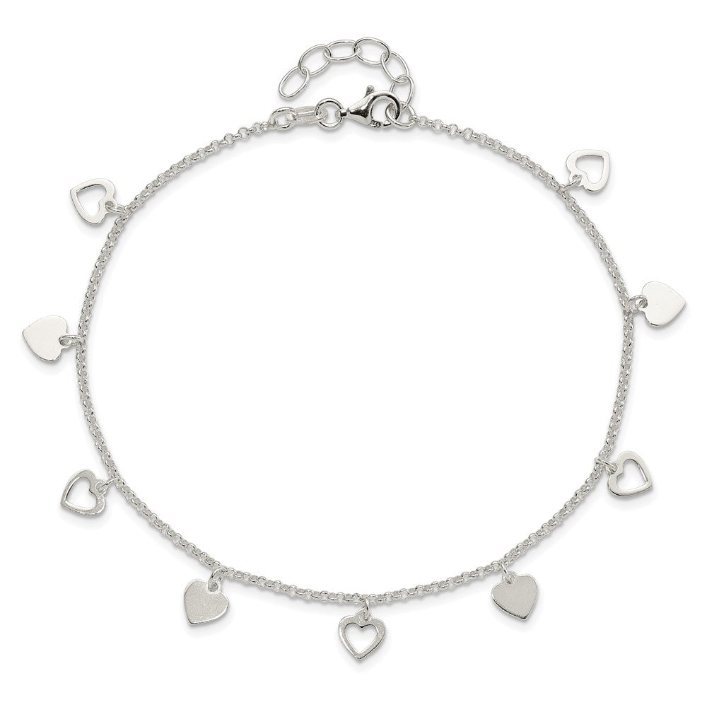 Sterling Silver Polished Hearts 10in Plus 1in ext. Anklet