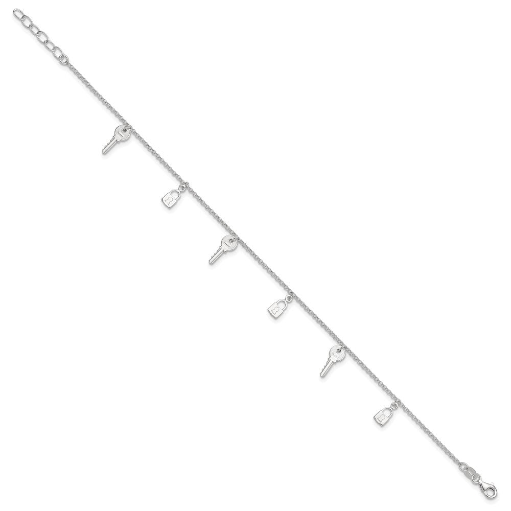 Sterling Silver Polished Lock and Key 10in Plus 1in Ext. Anklet