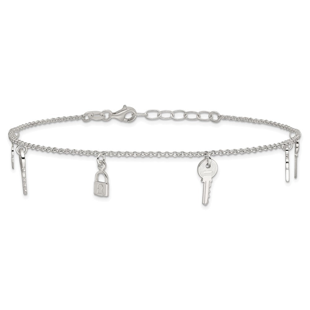 Sterling Silver Polished Lock and Key 10in Plus 1in Ext. Anklet