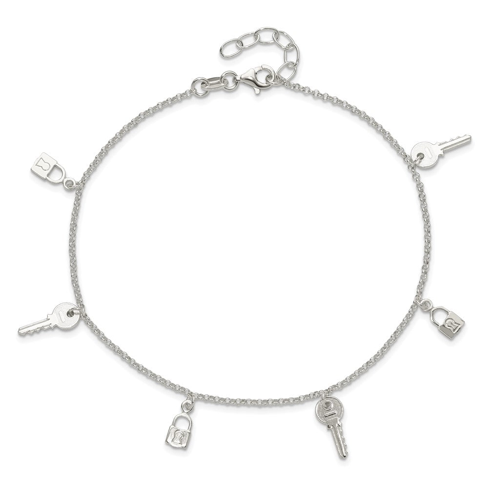 Sterling Silver Polished Lock and Key 10in Plus 1in Ext. Anklet