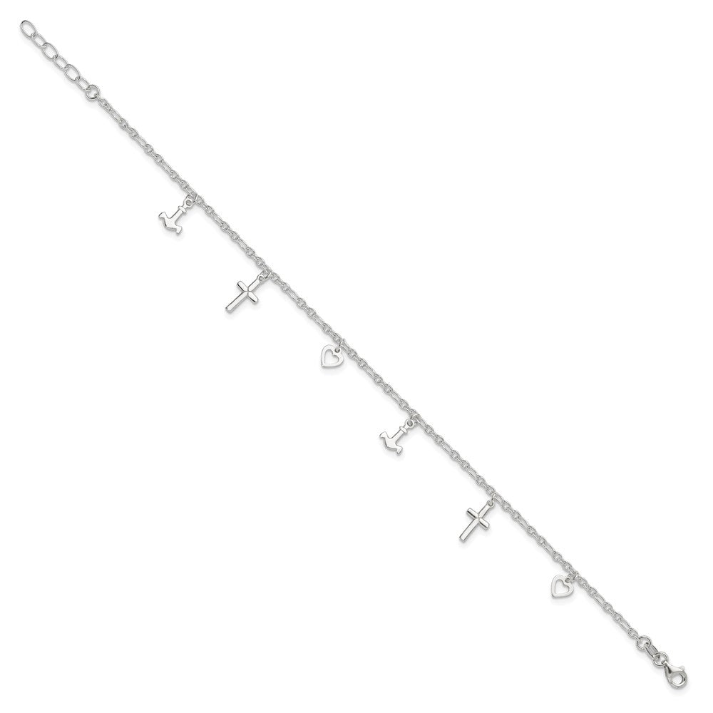 Sterling Silver Cross Heart and Anchor 9in Plus 1in ext Anklet