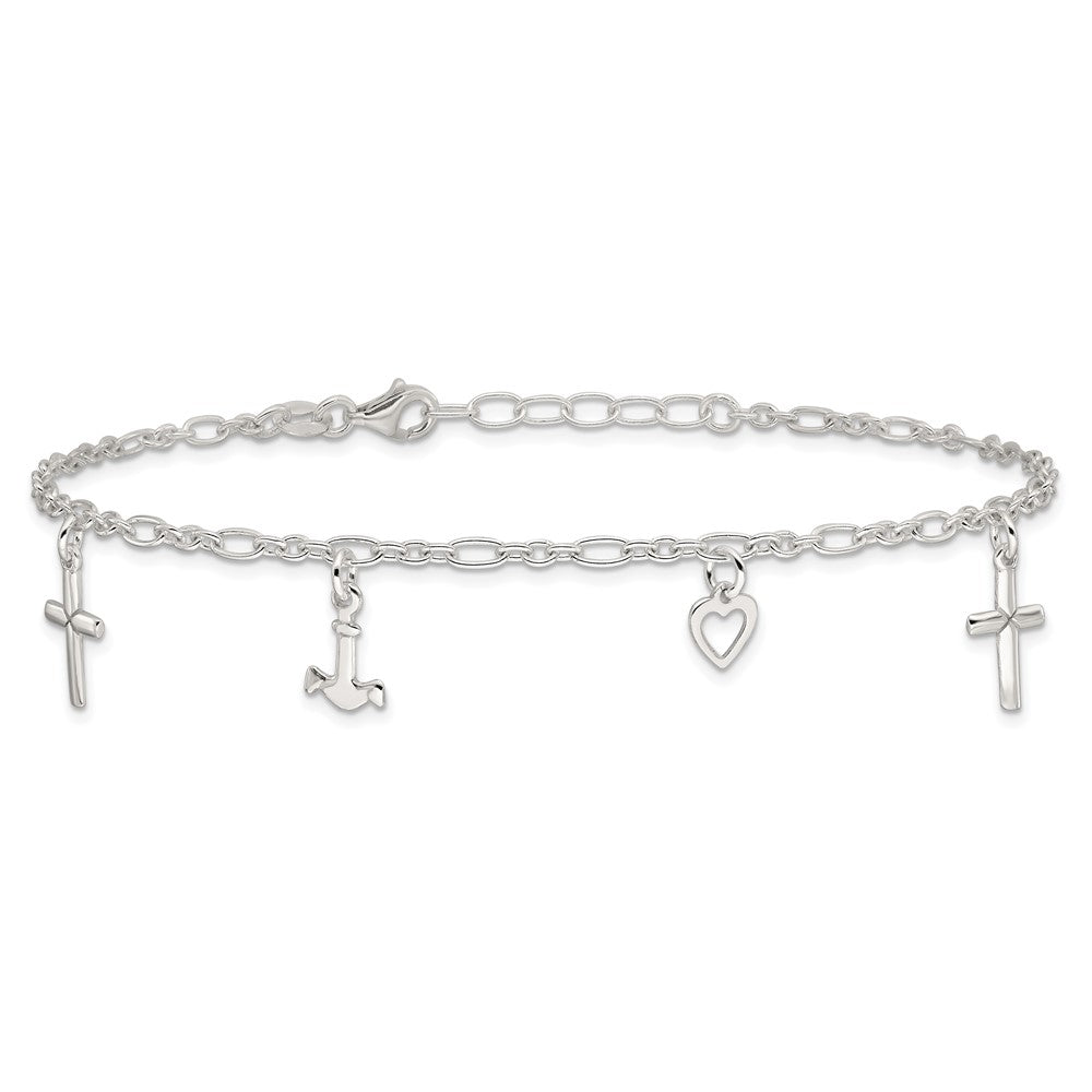 Sterling Silver Cross Heart and Anchor 10in Plus 1in ext Anklet