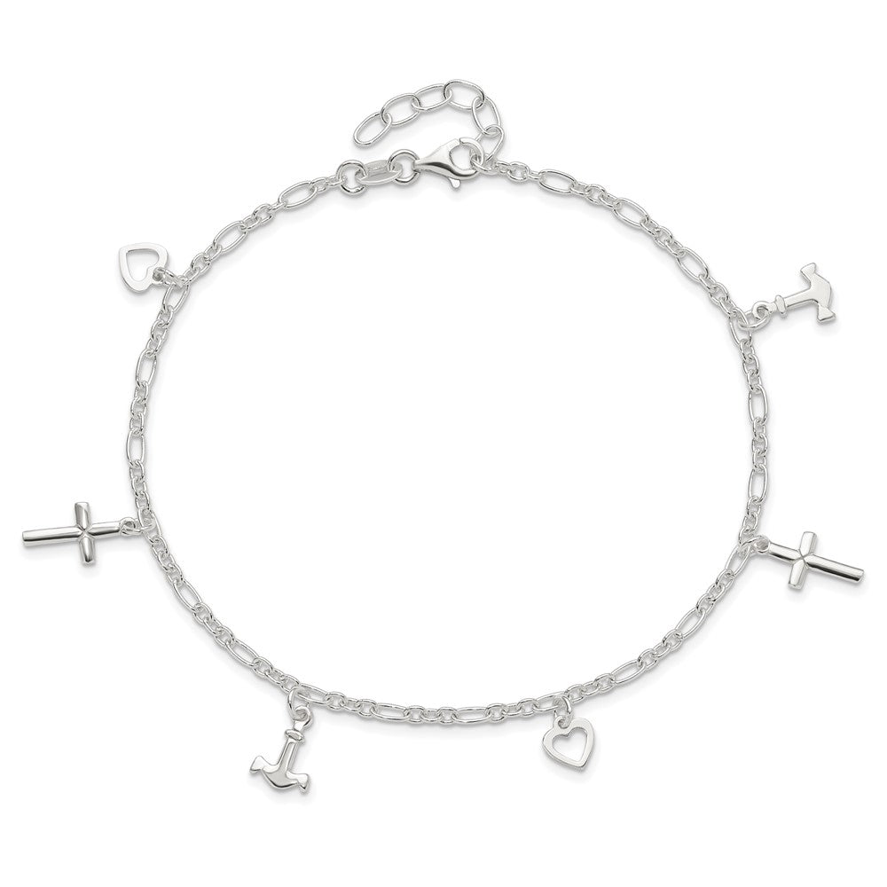 Sterling Silver Cross Heart and Anchor 10in Plus 1in ext Anklet
