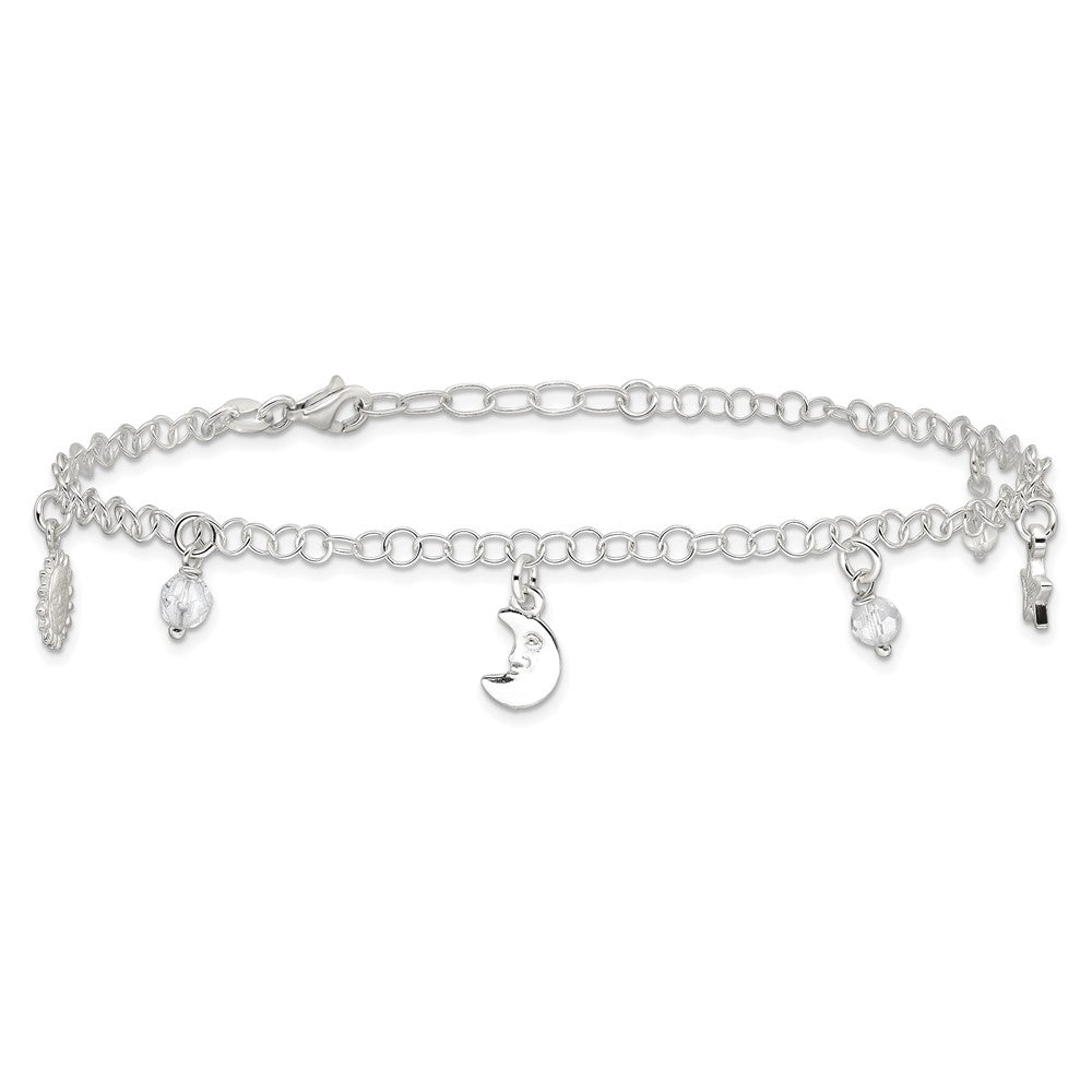 Sterling Silver Polished Sun Moon and Stars 9in Plus 1in Ext. Anklet