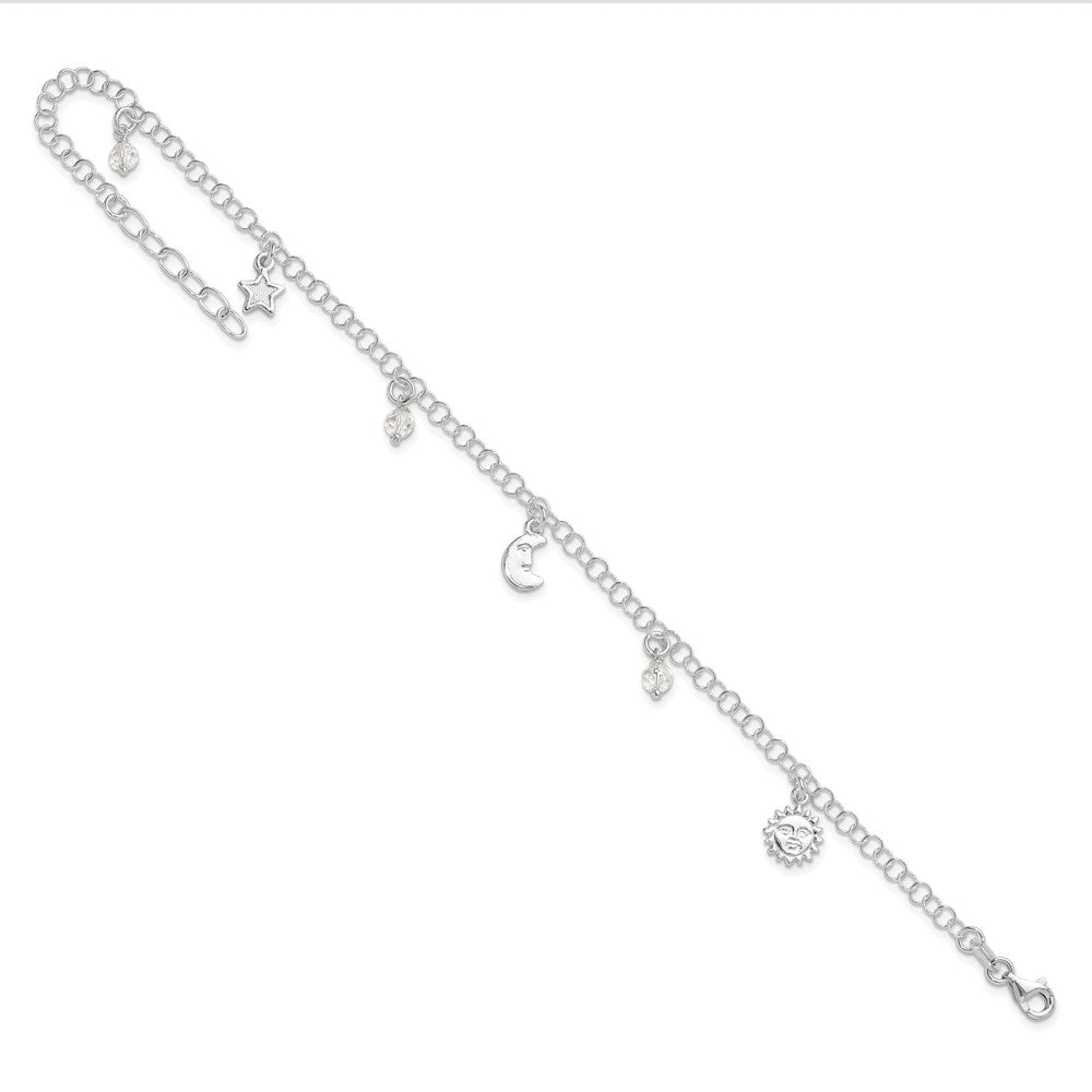 Sterling Silver Polished Sun Moon and Stars 9in Plus 1in Ext. Anklet