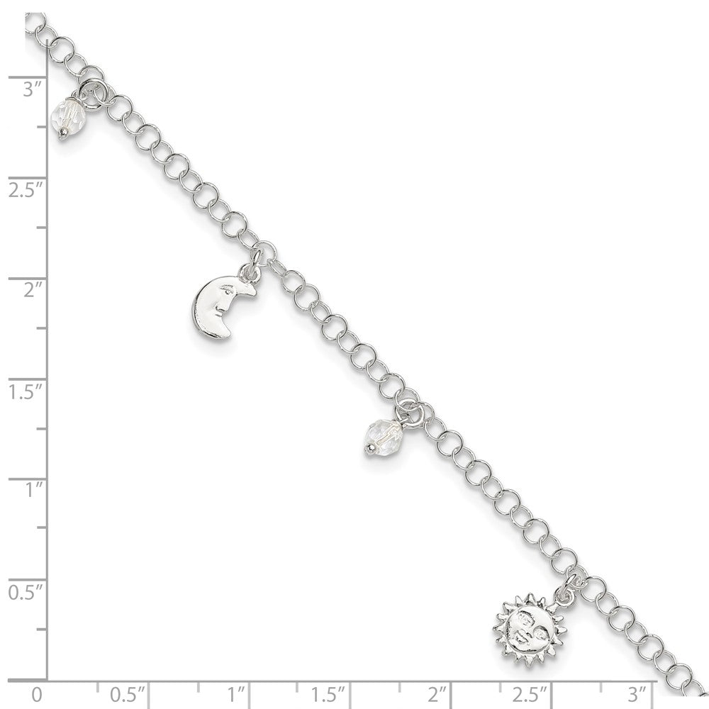 Sterling Silver Polished Sun Moon and Stars 9in Plus 1in Ext. Anklet