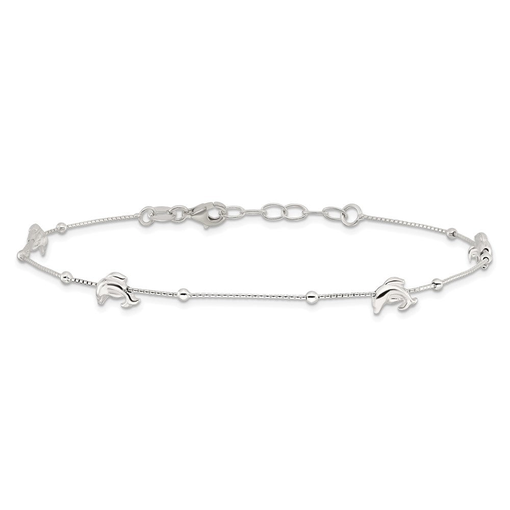 Sterling Silver Polished Dolphin 10in Plus 1in ext. Anklet