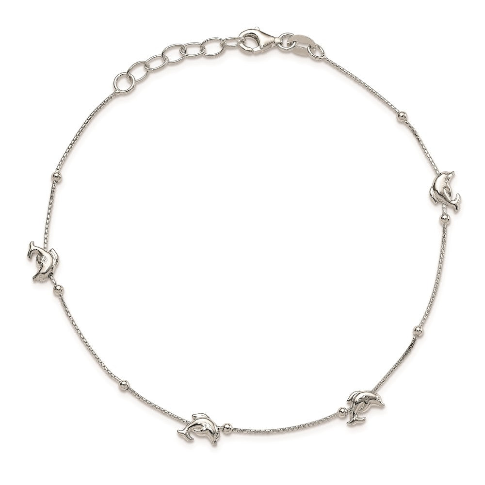 Sterling Silver Polished Dolphin 10in Plus 1in ext. Anklet