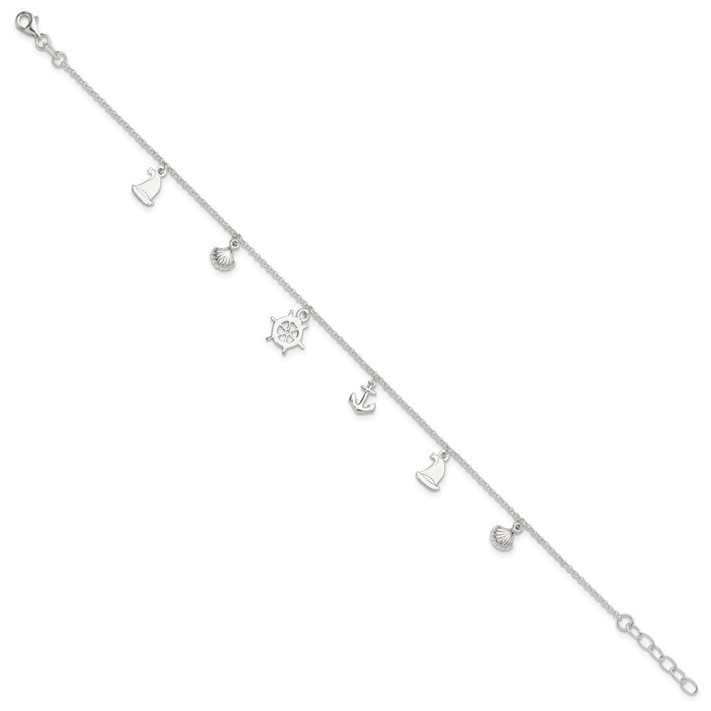 Sterling Silver Polished Ocean Theme 10in Plus 1in Ext. Anklet