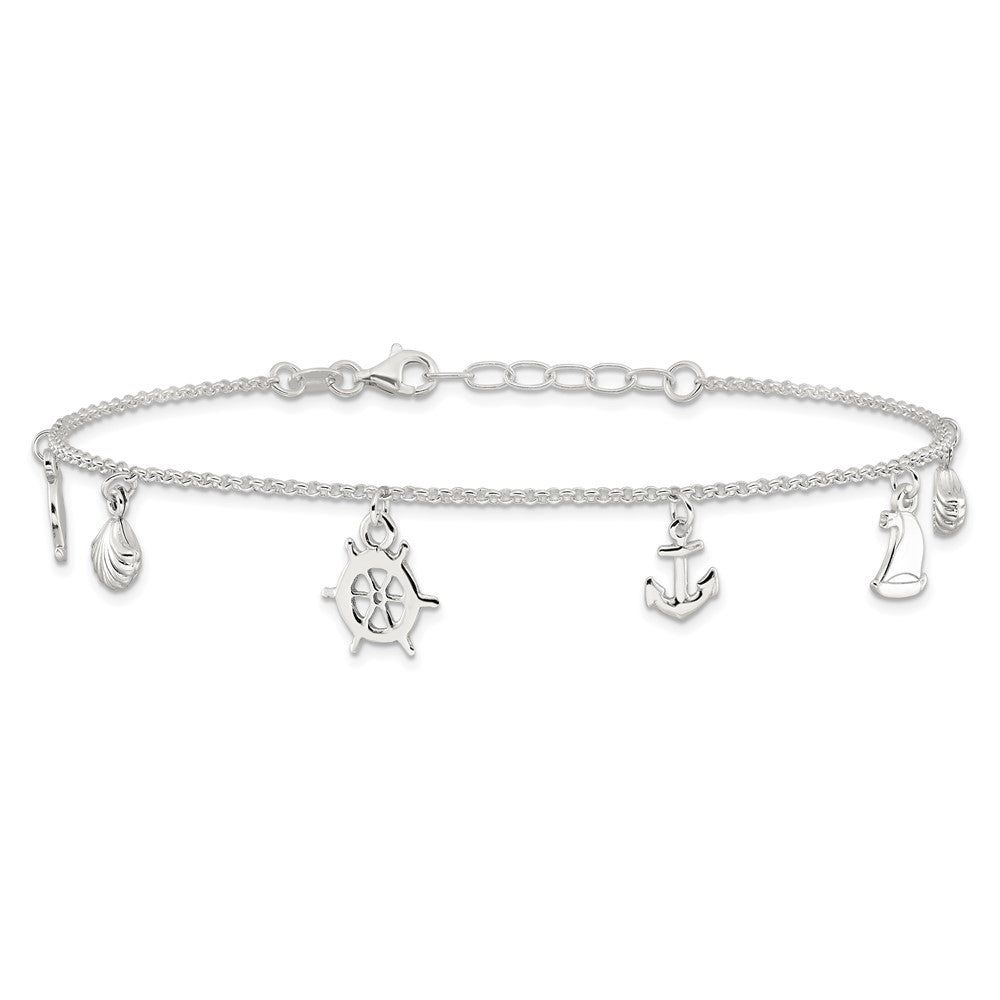 Sterling Silver Polished Ocean Theme 10in Plus 1in Ext. Anklet