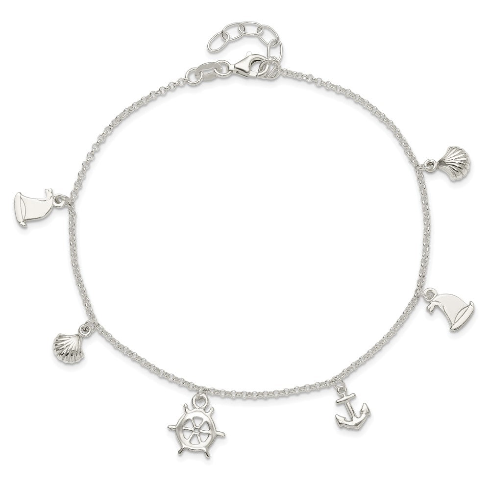 Sterling Silver Polished Ocean Theme 10in Plus 1in Ext. Anklet