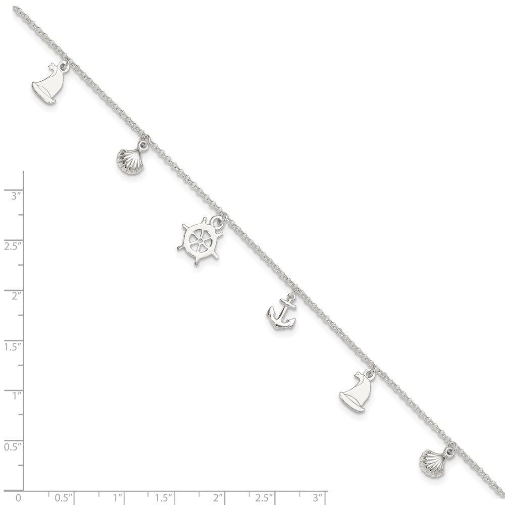 Sterling Silver Polished Ocean Theme 9in Plus 1in Ext. Anklet