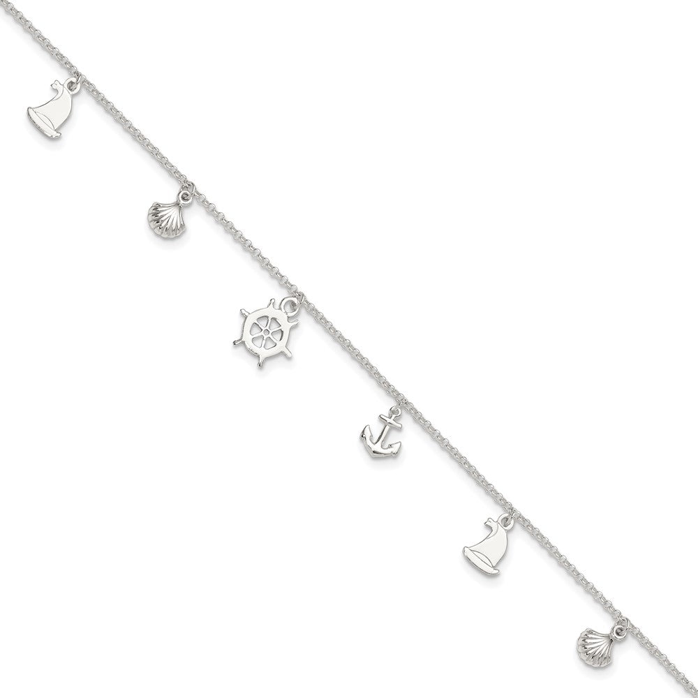 Sterling Silver Polished Ocean Theme 10in Plus 1in Ext. Anklet
