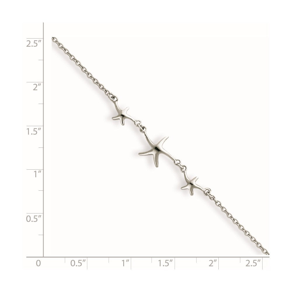 Sterling Silver Rhodium-plated 10in w/1in ext Three Stars Anklet