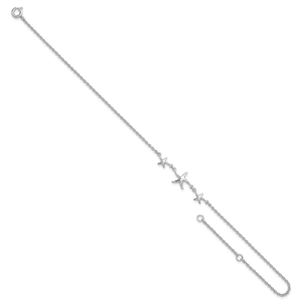 Sterling Silver Rhodium-plated 10in w/1in ext Three Stars Anklet
