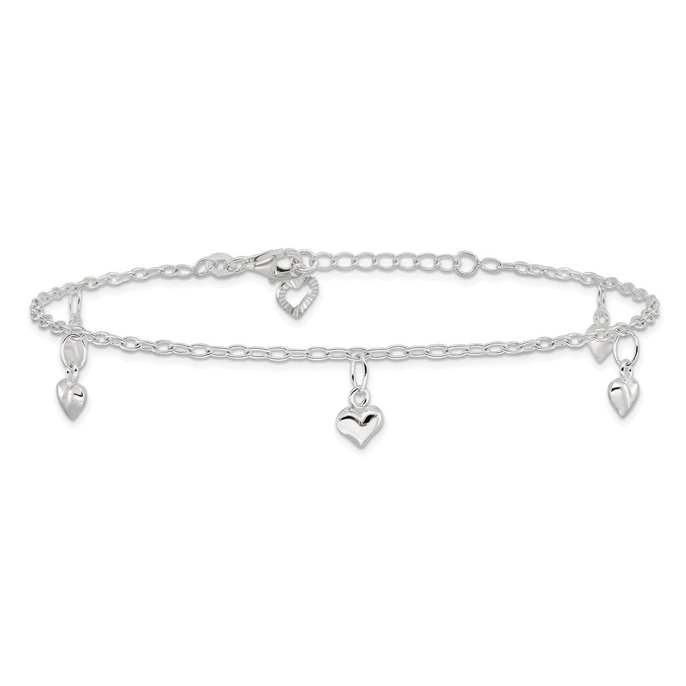Sterling Silver Polished Puffed Heart 10in Plus 1in ext Anklet