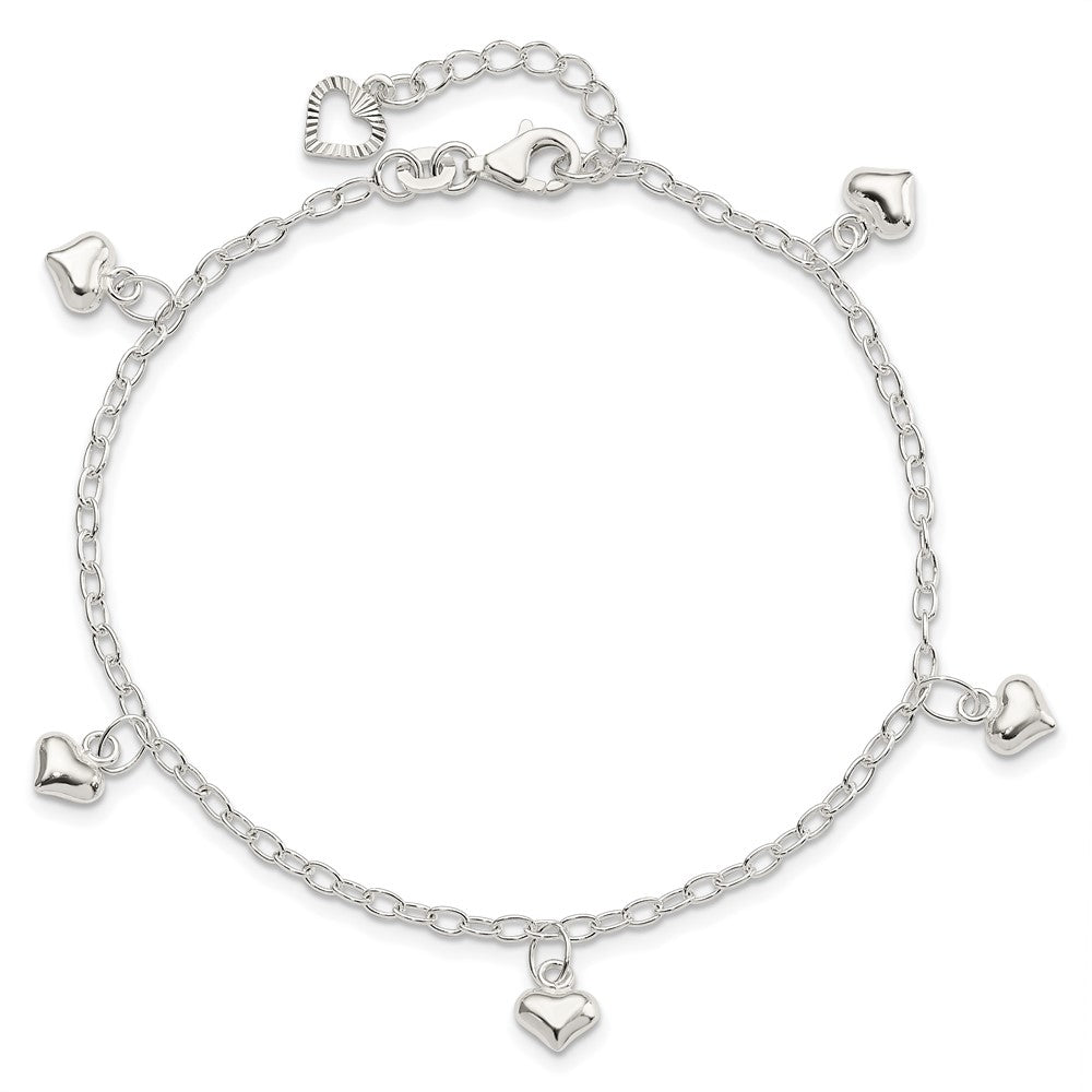 Sterling Silver Polished Puffed Heart 10in Plus 1in ext Anklet