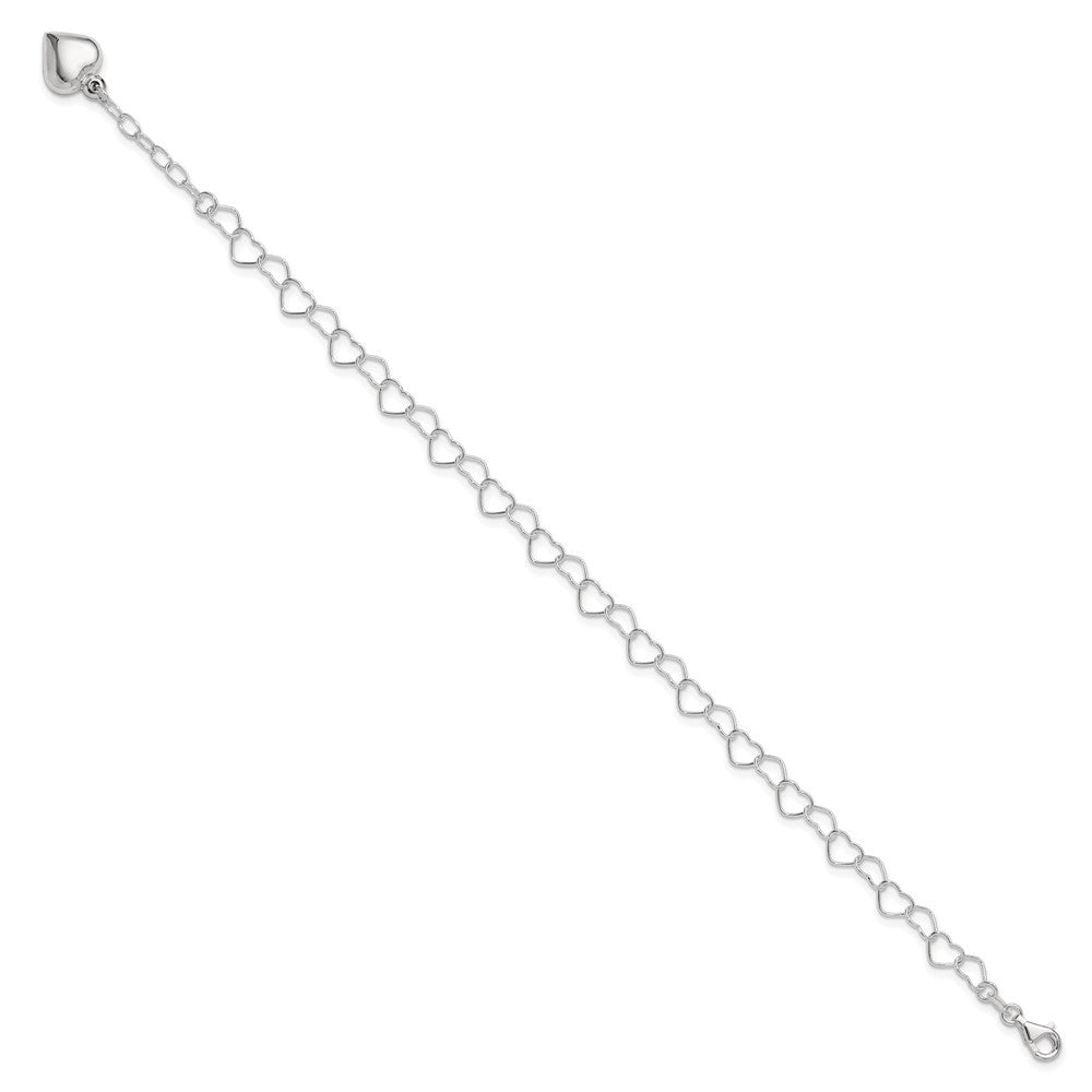 Sterling Silver Polished Puffed Heart 10in Plus 1in ext. Anklet