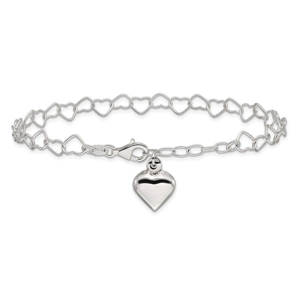 Sterling Silver Polished Puffed Heart 10in Plus 1in ext. Anklet